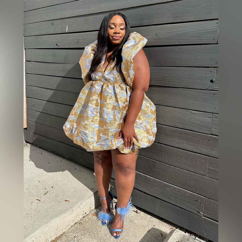 AKIRA Metallic Gold & Blue Puff Sleeve Bubble Mini Dress | Size 1X